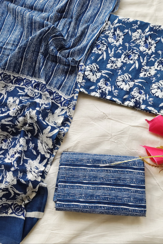 Navy Blue and White  Printed  Navy Blue and White  Printed  Cotton Unstitched Suit Matrial for Women 2.5 Mtr Top, 2.5 Mtr Bottom, and 2.5 Mtr Dupatta