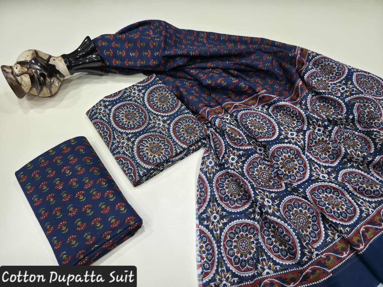 Navy Blue and Maroon Hand Block Printed Cotton Dupatta Suit.