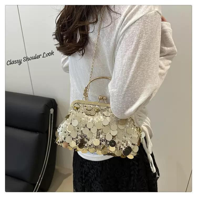 Gold Sequined Clutch Bag with Detachable Chain Strap(Golden)