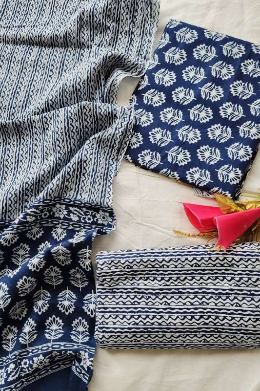 Dark Blue and Sliver Hand printed  Cotton  unstitched suit Material for Women 2.5 Mtr top and 2.5 Mtr Bottom and 2.5 Mtr Dupatta