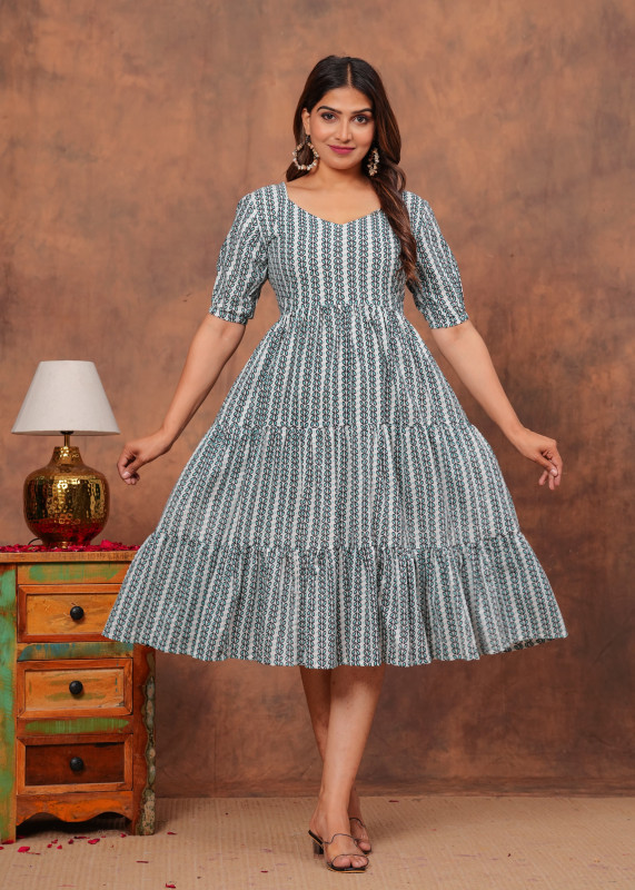 Grey and White Floral Printed Tiered Cotton Midi One-Piece Dress