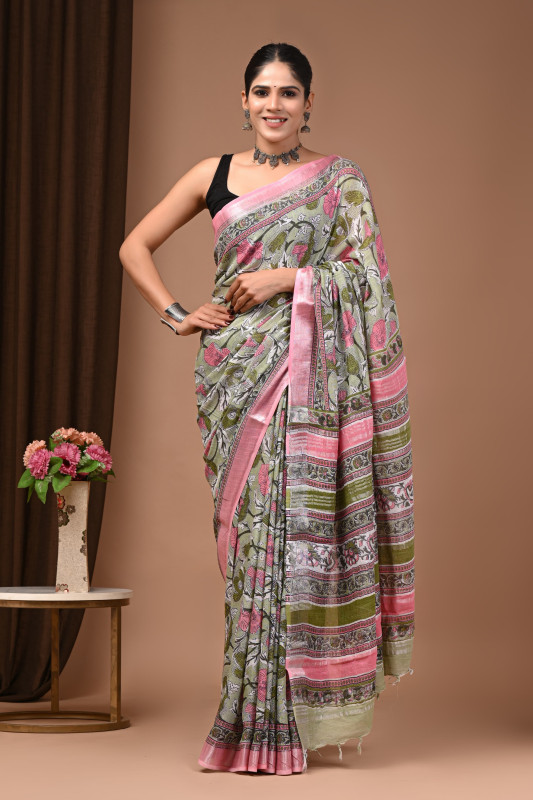 Green and Pink Hand Block printer linen saare