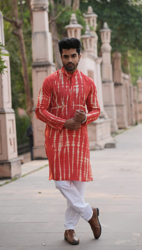 Red/Orange Tie-Dye Print Kurta with White Pyjama