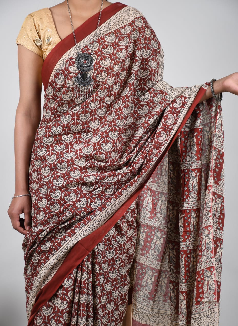 Maroon and Cream Floral Figurative Cotton Saree
