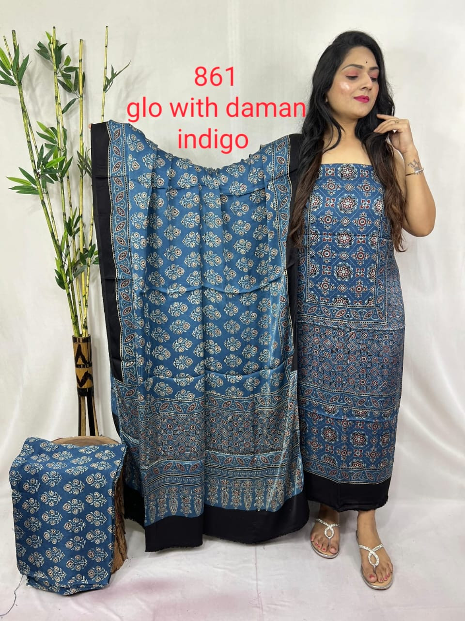 indigo blue hand Blocked printed Saree suit