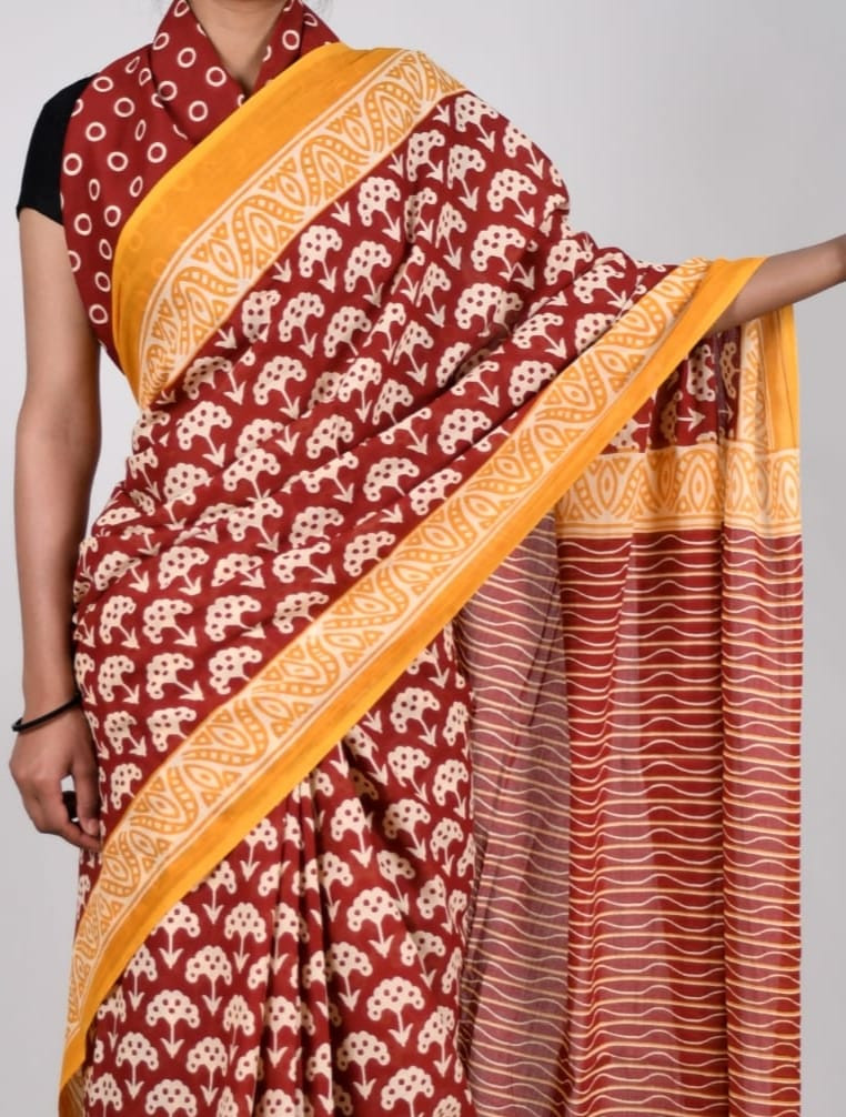Maroon and orange ethnic motifs zari pure cotton block print saree.
