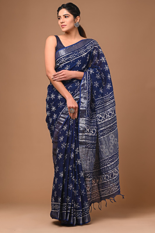 Blue Hand Block Printed Cotton Linen Saree
