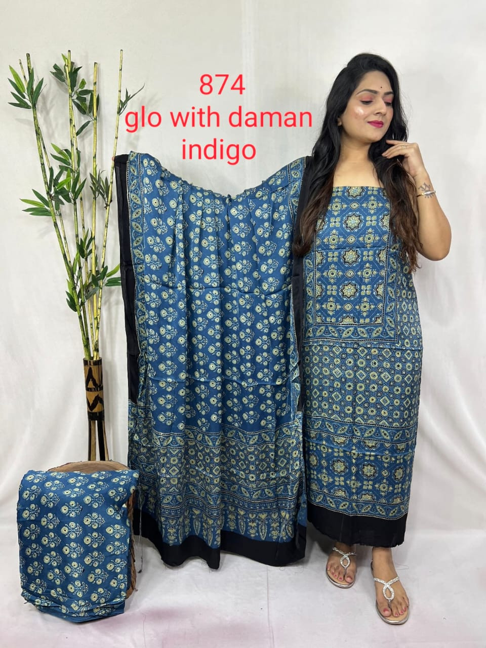 Indigo Blue Hand Block Print Pure Cotton Saree Suit Bottom ,2.5 miter Top 2.5 Miter ,Duppta 2.5 Miter.
