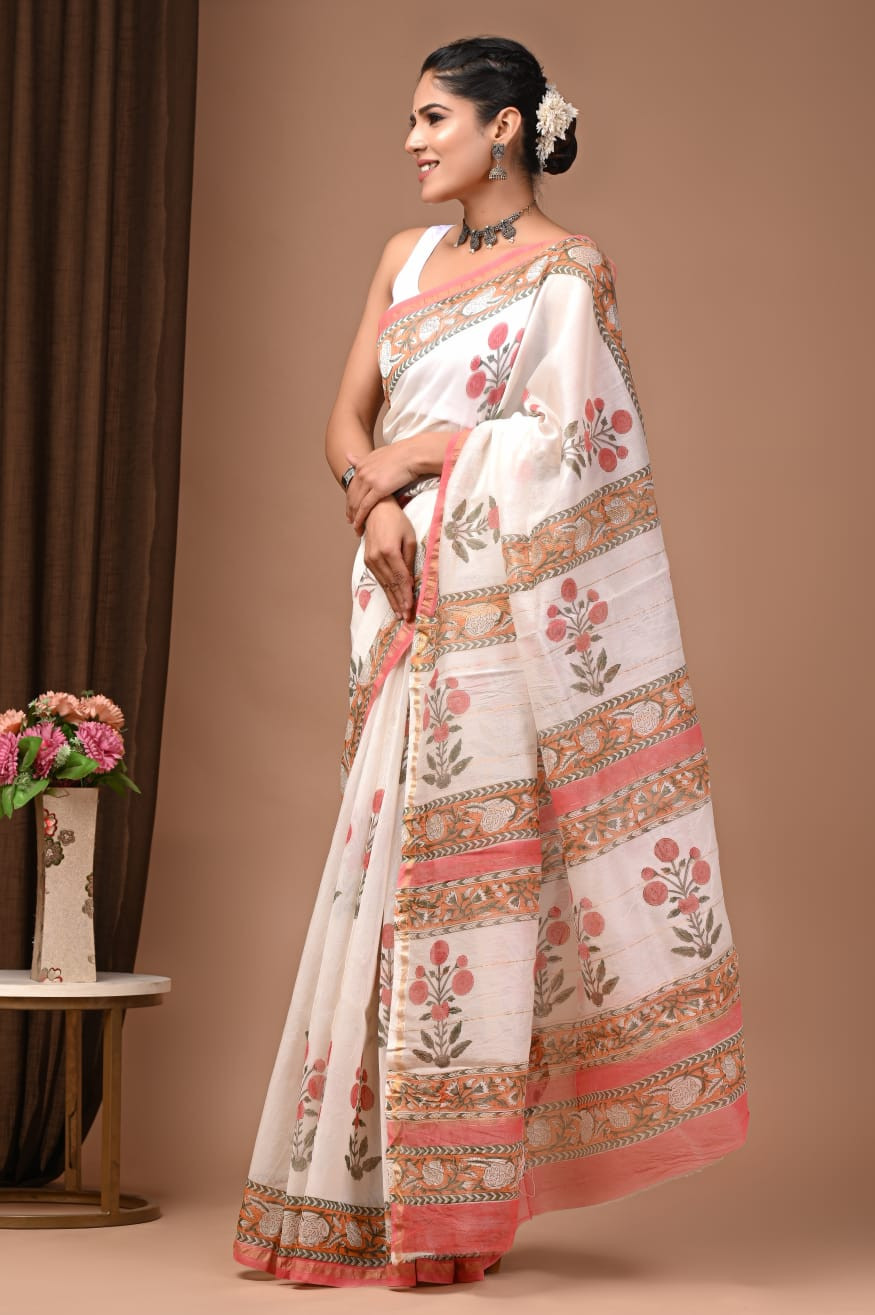 Peach Blossom: Hand-Block Printed Cotton Saree in White & Pink