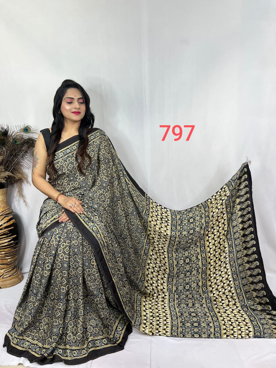 Black and Off-White Ajrakh Hand Block Printed Modal Silk Saree