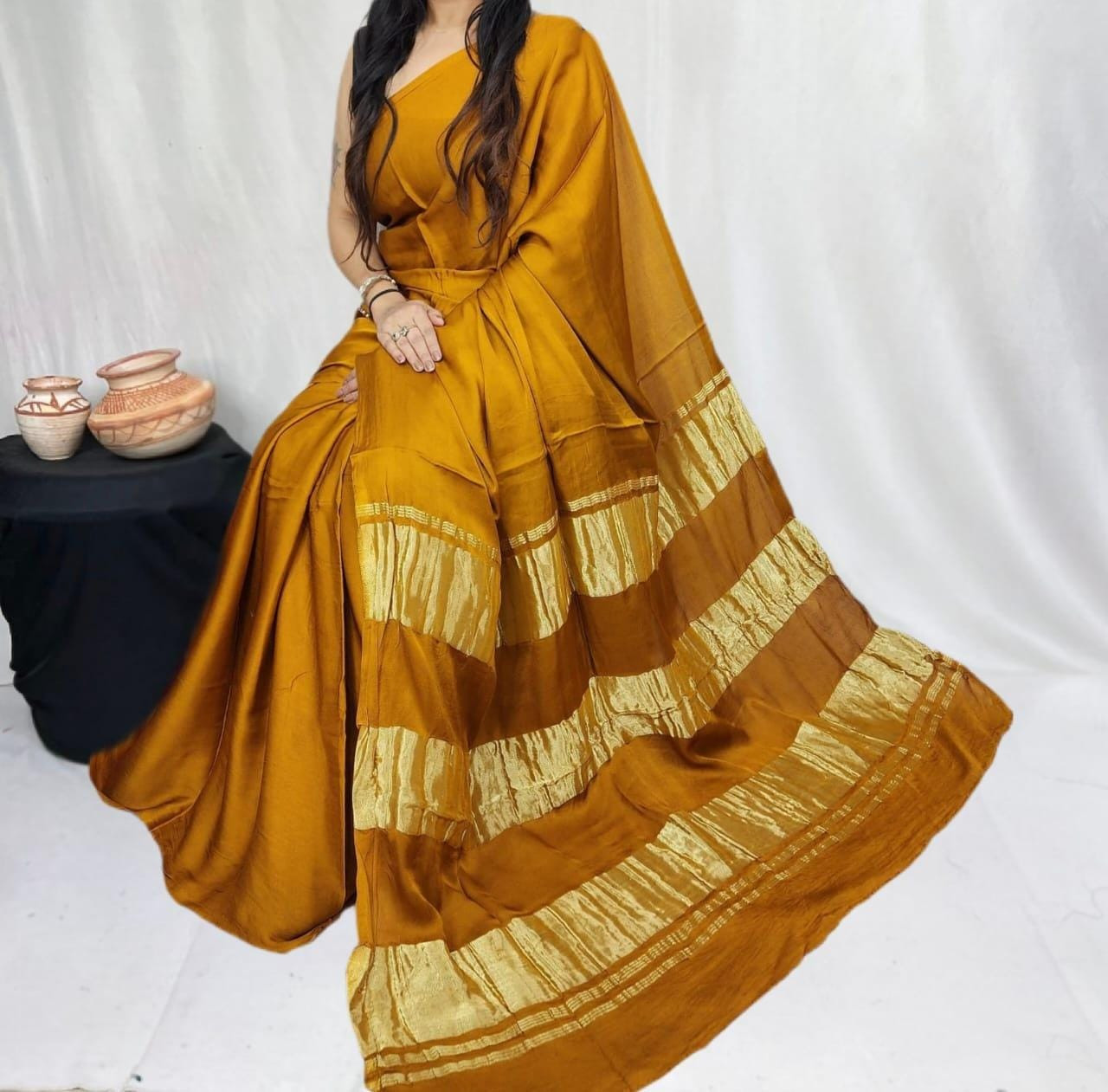 Mustard Yellow Pure Modal Silk Saree with 3 Lagdi Patta Tissue Pallu (Length-6.50 mtr with Width-46 inches)