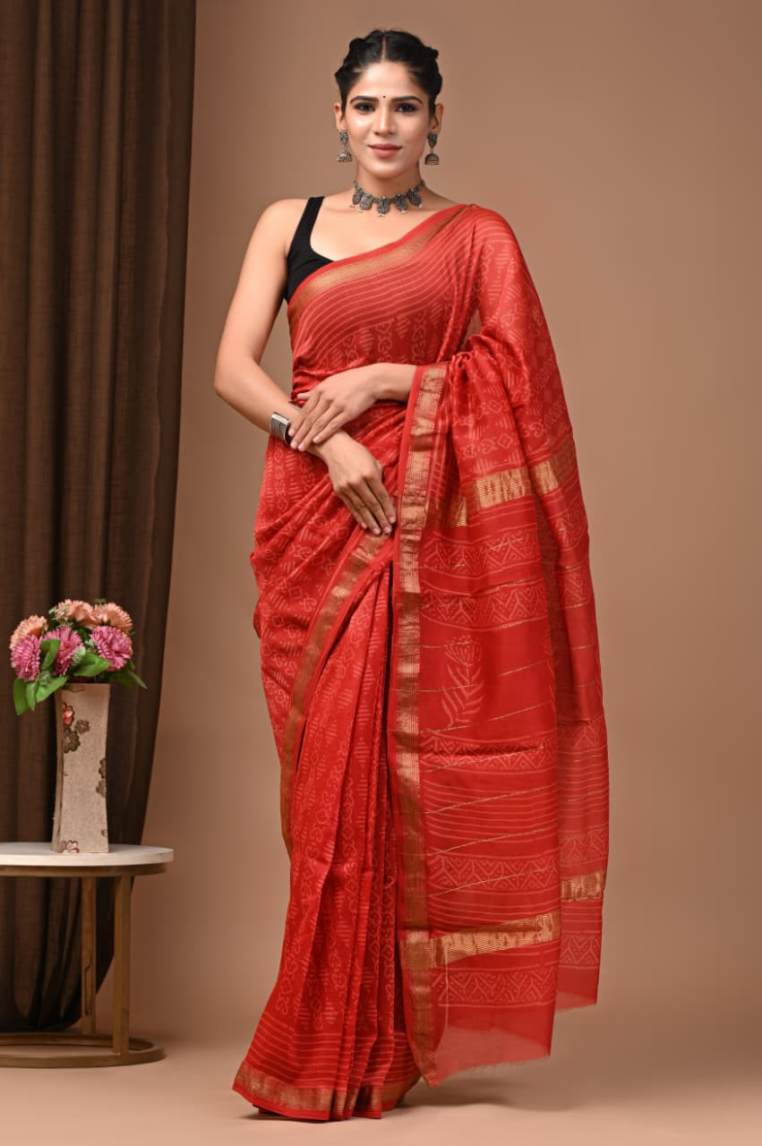 Red Maheshwari Silk Saree with Gold Border and Hand Block Print.