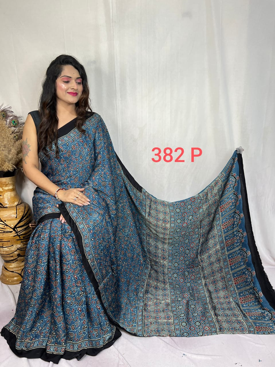 Indigo Blue Ajrakh Hand Block Print Modal Silk Saree.