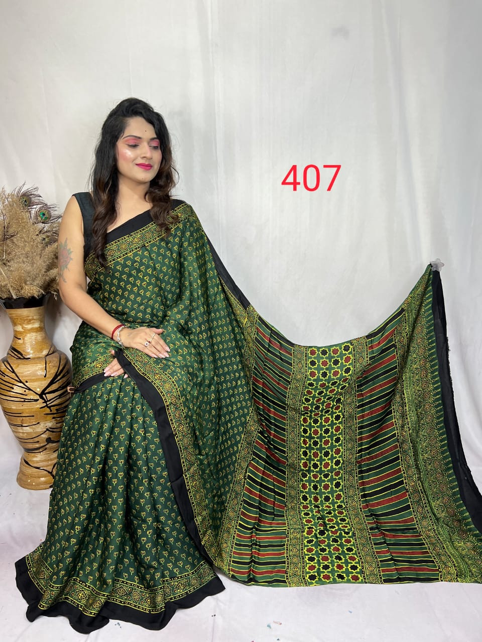 Green and Black Ajrakh Hand Block Printed Modal Silk Saree