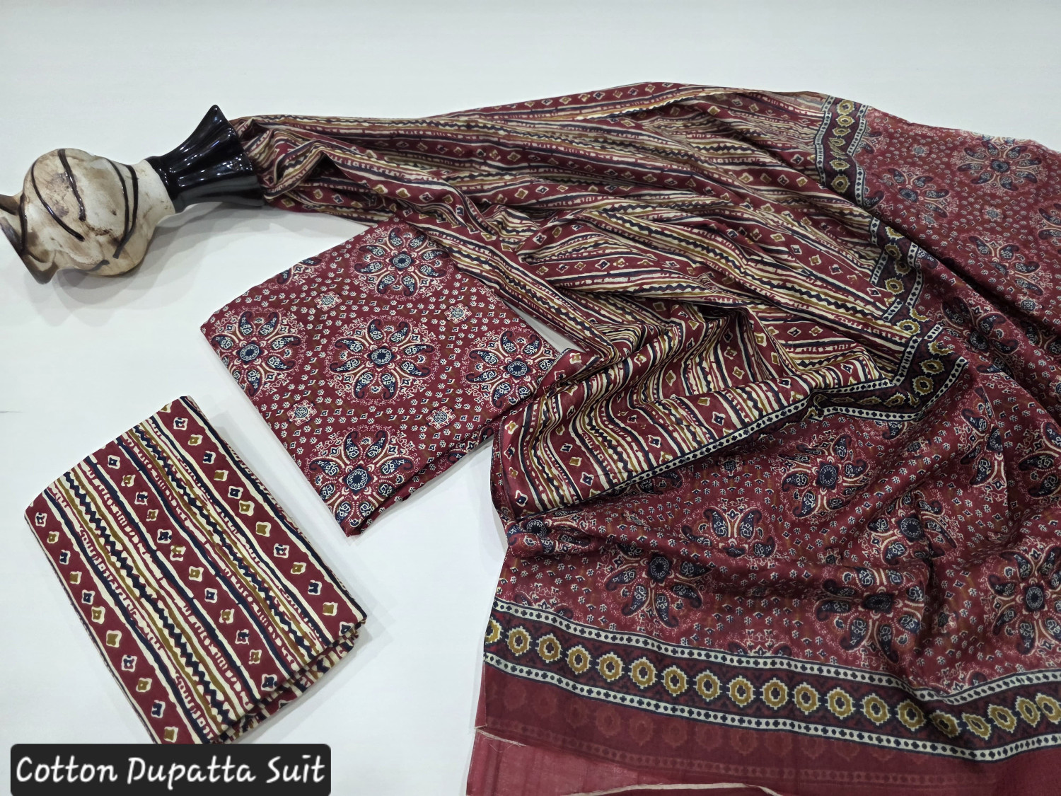 Maroon and Yellow Floral Hand Block Print or Ajrakh Print.