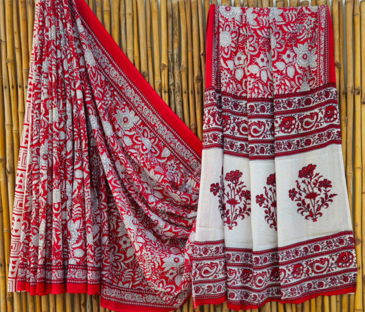 Red & White Kalamkari Hand-Block Printed Mulmul Cotton Saree with Blouse (6.5 Meters, 92*80, 100% Pure Cotton Fabric)