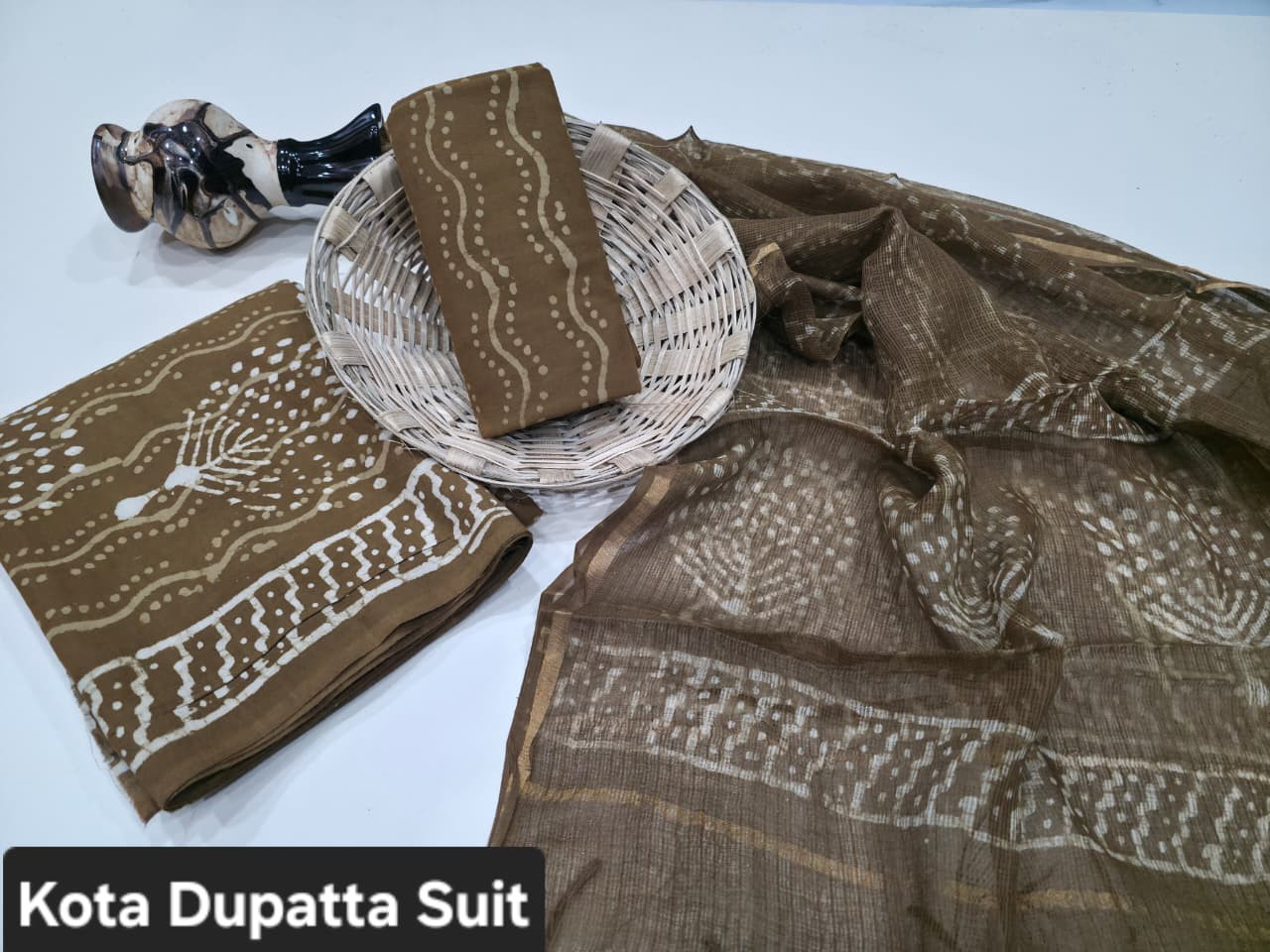 Brown Dabu Hand Block Print Cotton Suit with a sheer Kota Doria Dupatta.