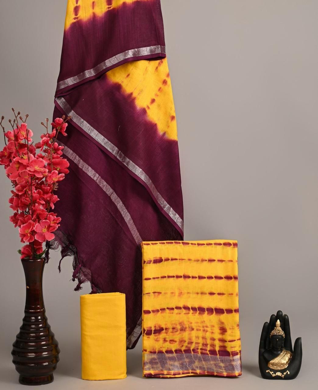 Yellow And Purple Tie-Dye Shibori Cotton Dupatta Suit Set