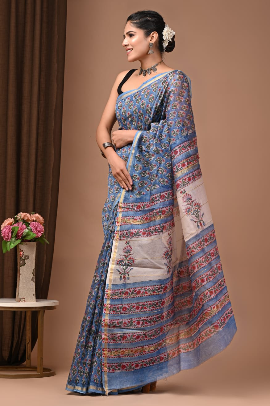 Ocean Blossom: Hand-Block Printed Maheshwari Silk-Cotton Saree in Sky Blue & Pink