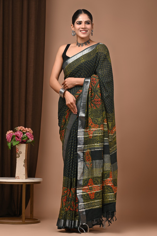 Dark green  & Multicolored Bagru Hand Block Print Linen Saree with Silver Border.
