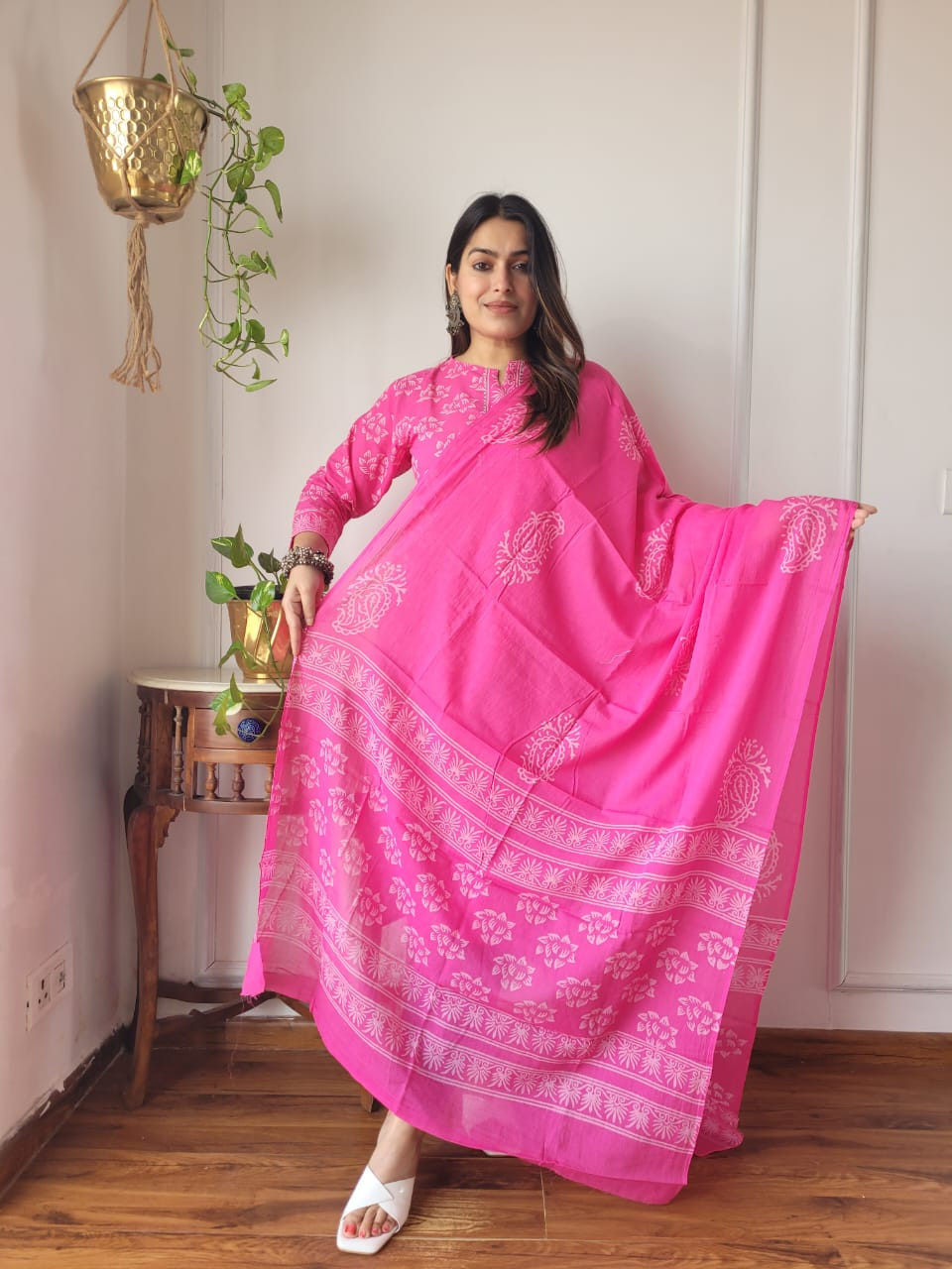 pink hand block printed cotton suit set (kurta, pants, and dupatta)