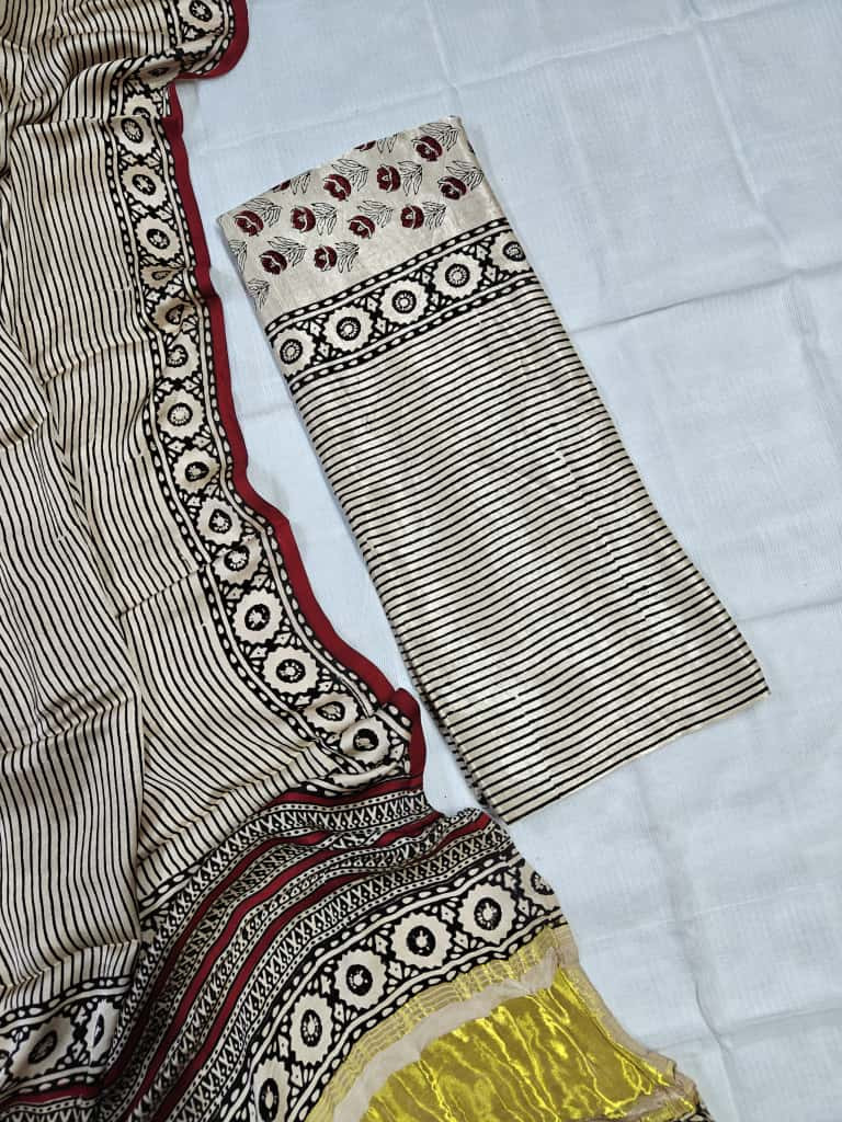Black, Cream, and Red Hand Block Printed Maheshwari Silk Saree