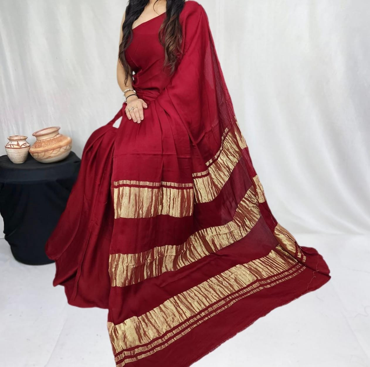 Maroon Pure Modal Silk Saree with 3 Lagdi Patta Tissue Pallu (Length-6.50 mtr with Width-46 inches)