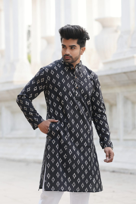 Black Base White Ethnic Motifs Printed Cotton Men's Kurta