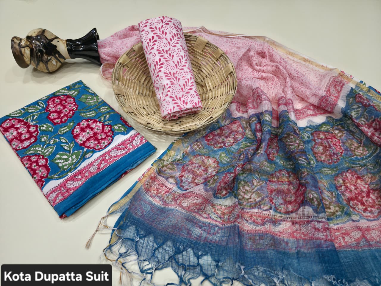 Teal & Pink Floral Hand Block Print Cotton Suit with a sheer Kota Doria Dupatta.