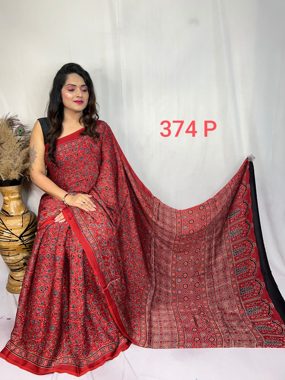 Red & Black Ajrakh Hand Block Print Modal Silk Saree.
