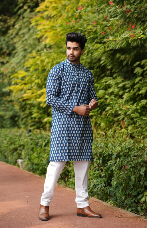 Navy Blue Printed Kurta with White Pyjama Set