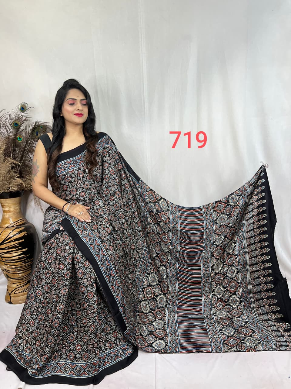Black and Multicolor Modal Silk Ajrakh Print Saree