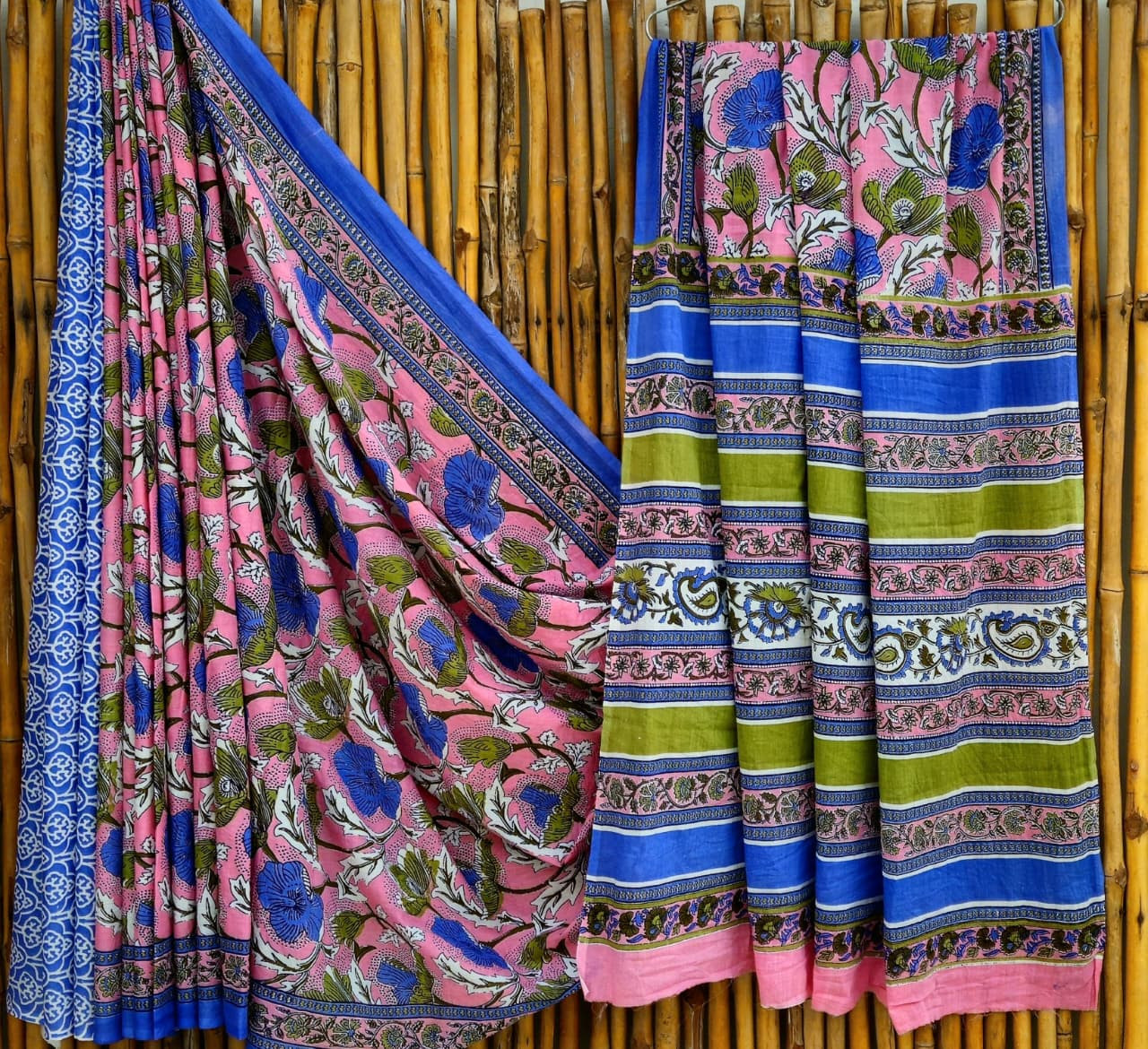 Pink & Blue Kalamkari Hand-Block Printed Mulmul Cotton Saree with Blouse (6.5 Meters, 92*80, 100% Pure Cotton Fabric)