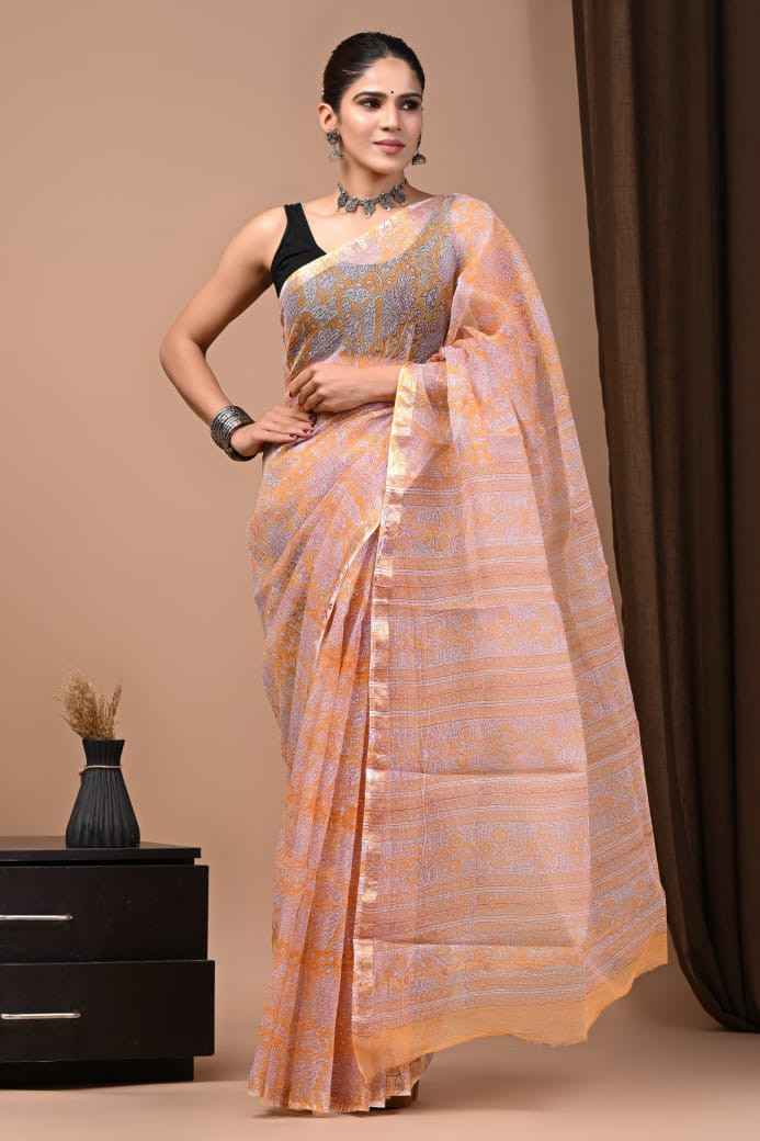 Orange & White Hand Block Print Kota Doria Saree
