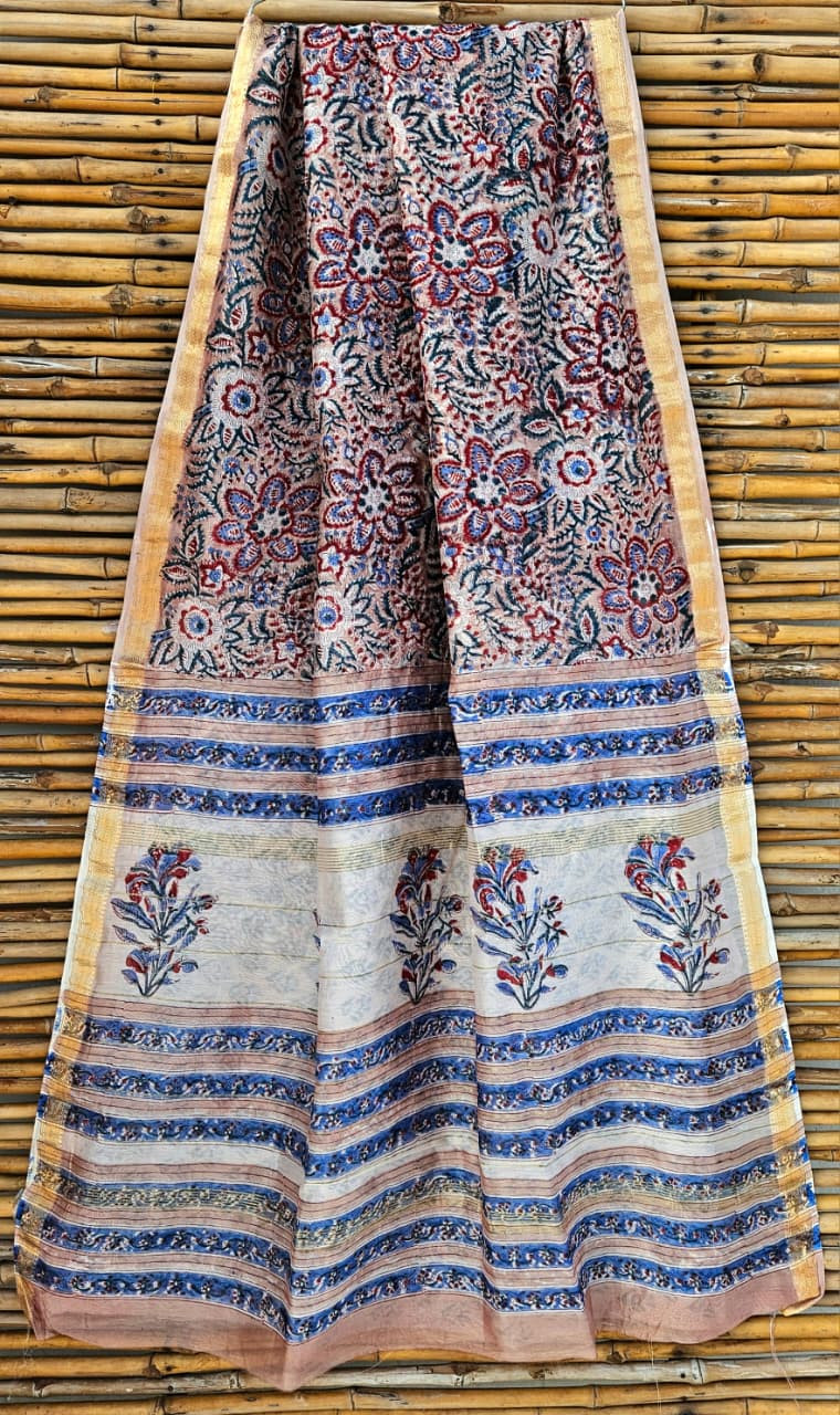 Light blue Maheshwari silk cotton blend hand block print saree