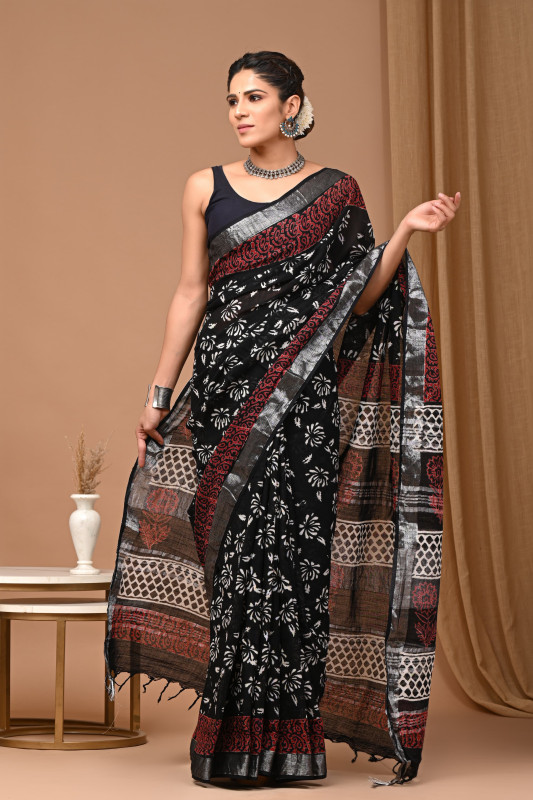 Black Hand Block Printed Linen Saree