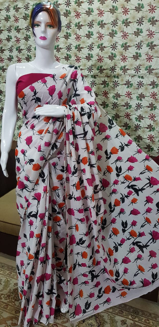 White and Pink Floral Digital Print Saree featuring vibrant rose and leaf motifs.