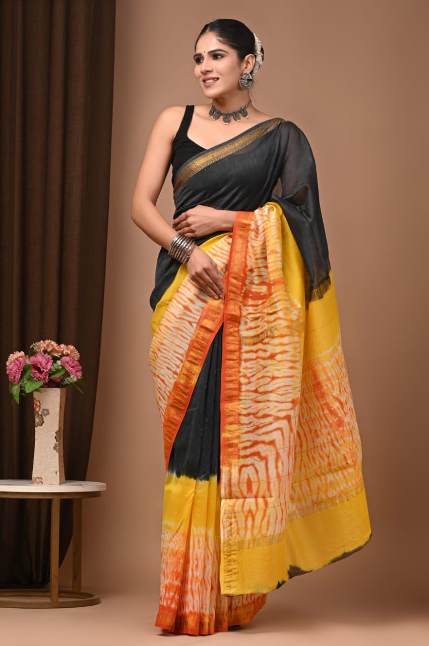 Black and Yellow Tie-Dye Chanderi Silk Saree with Striped Pattern