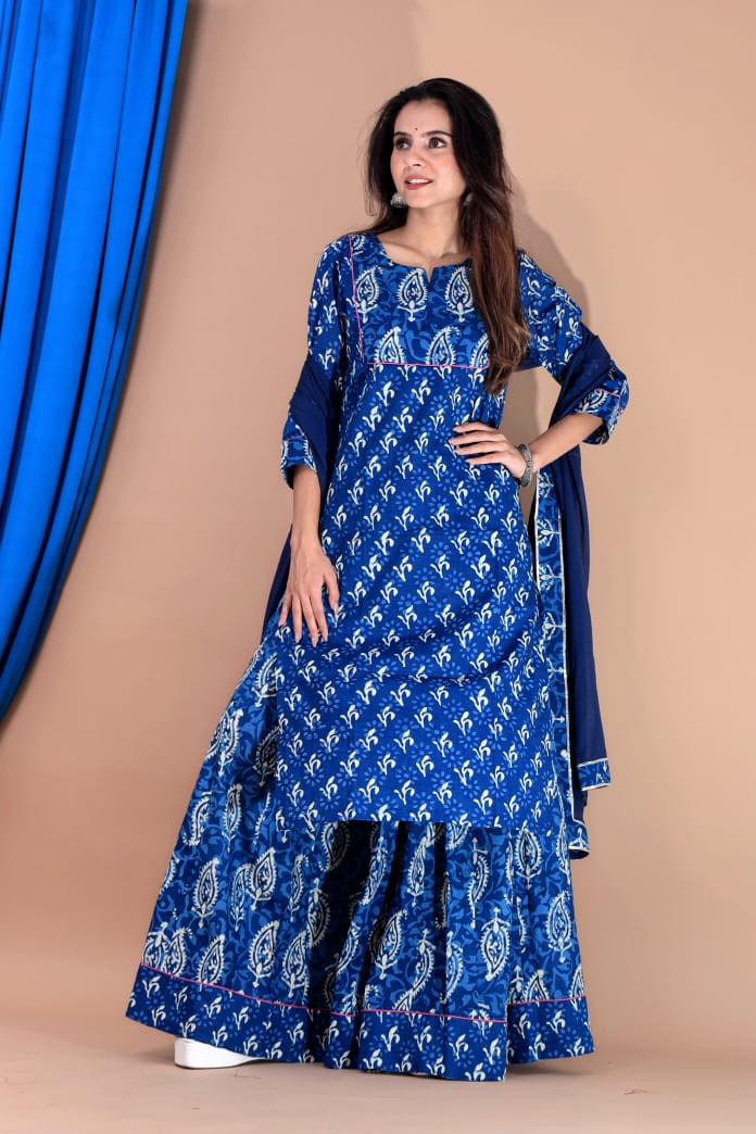 Indigo Blue Hand Block Printed Cotton Long Kurta & Skirt with Dupatta