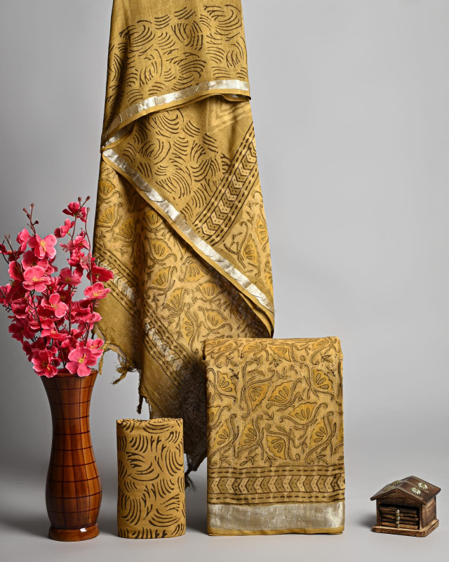 Dabu Printed Mustard Yellow Linen Cotton Suit