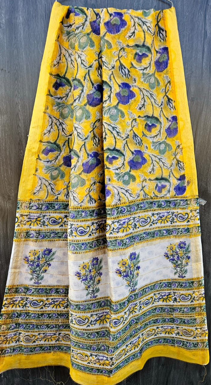 Sunshine Yellow & Ivory Floral Hand Block Printed Maheshwari Silk Saree with Blouse