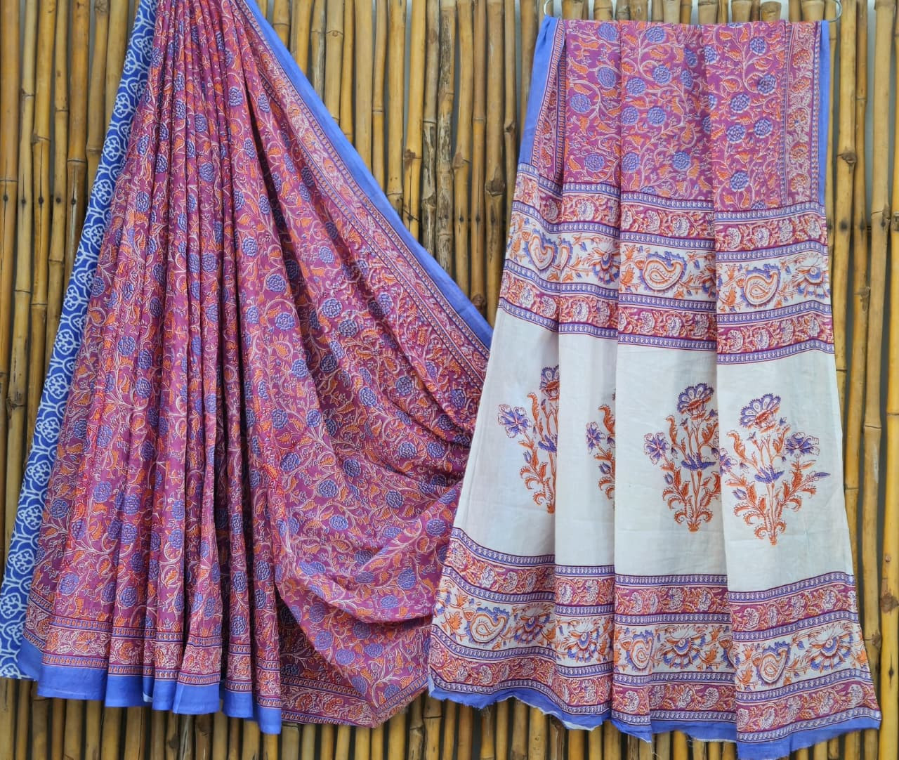 Purple & White Hand Block Printed  100% Pure Mulmul Cotton Saree (6.5 Mtrs, 92*80)