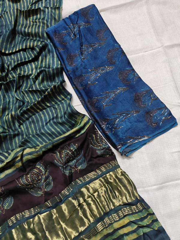 Teal Green and Black Striped Hand Block Print Cotton Silk or Modal Silk Blend Saree