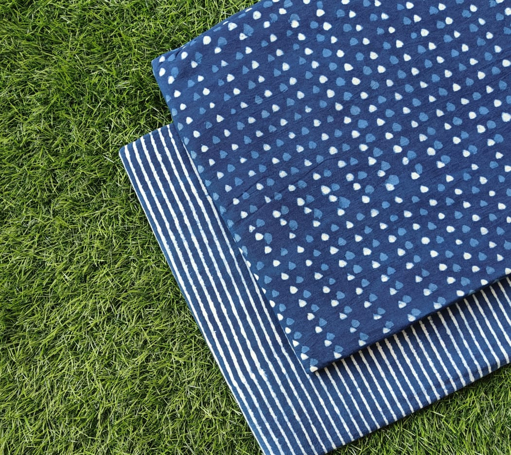 Indigo Blue Dabu Print Cotton (60/60) Cambric Unstitched Suit Fabric Set