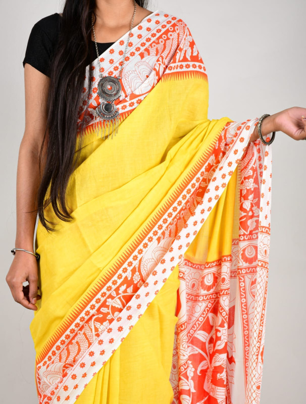 Yellow and Red Floral Cotton Mulmul Saree