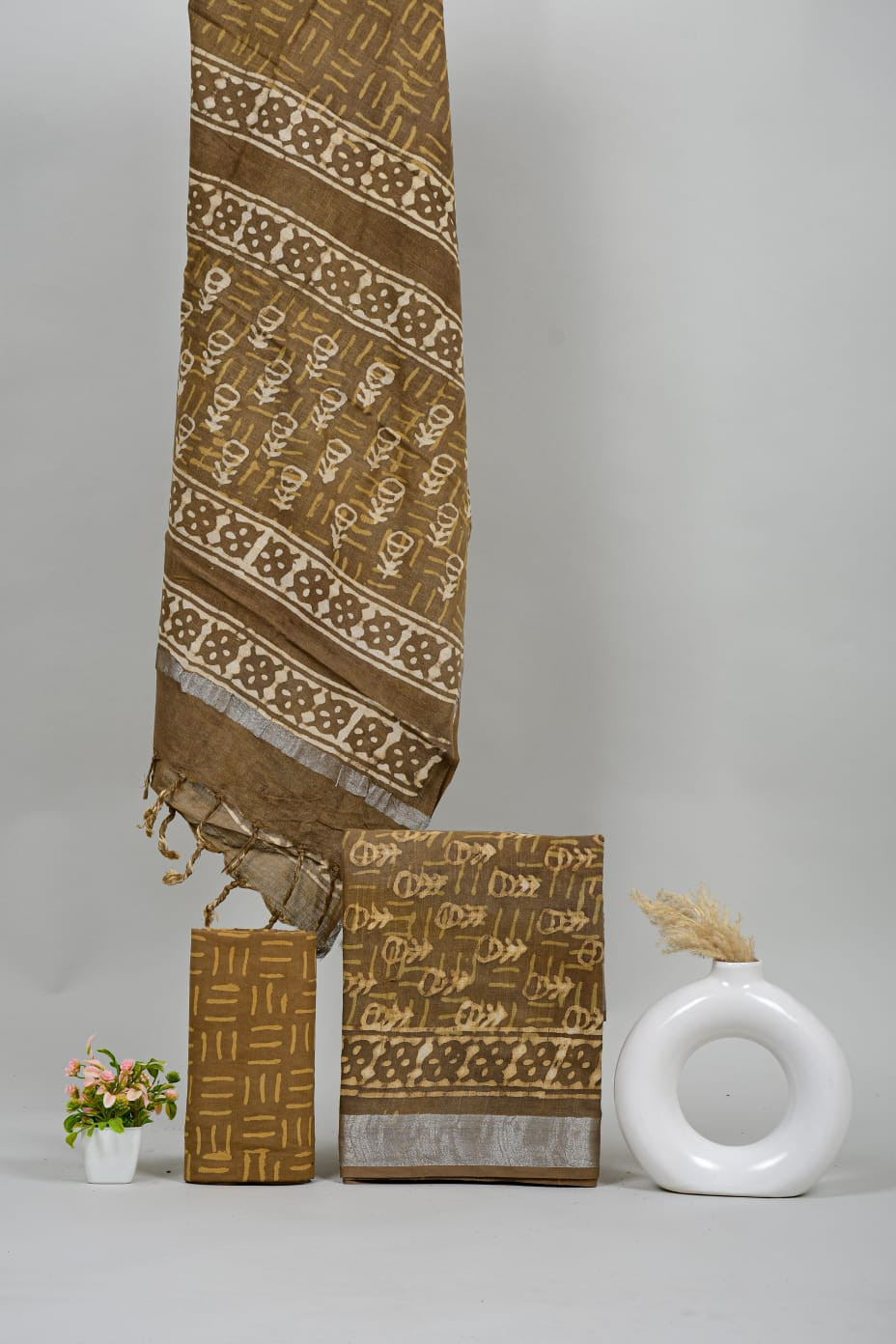 Olive Brown Hand Block Printed Abstract and Floral Pattern Cotton Unstitched Suit Set