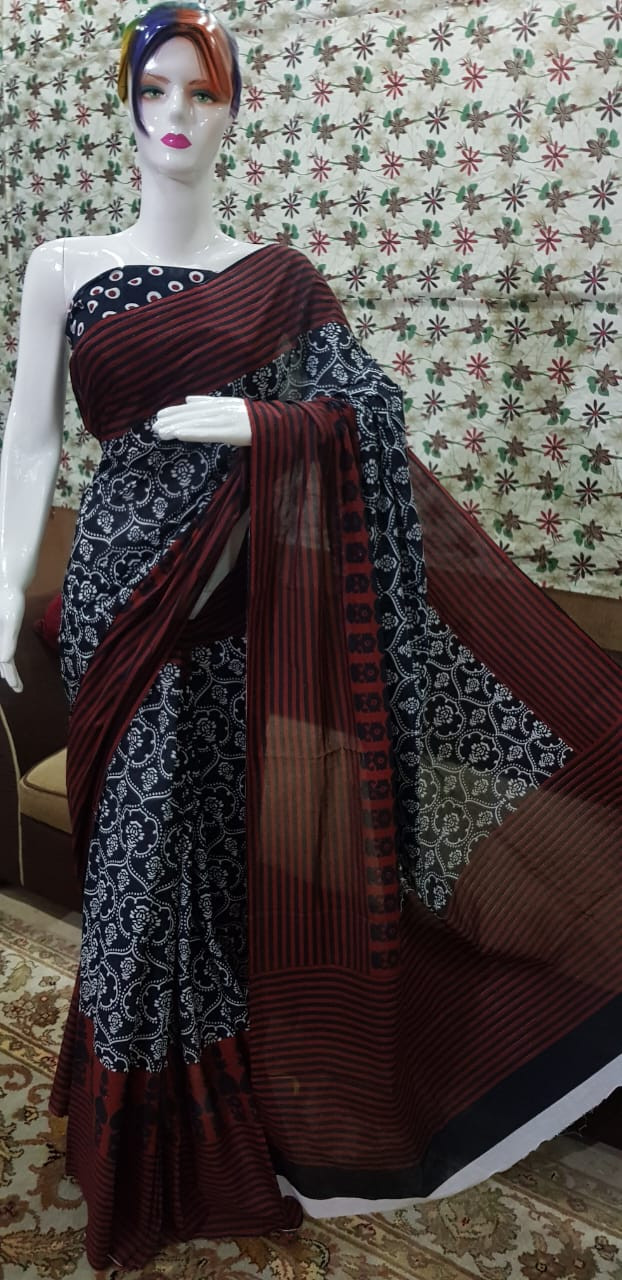 Midnight Navy Cotton Saree with Traditional White Floral Block Prints and Red Striped Accents.