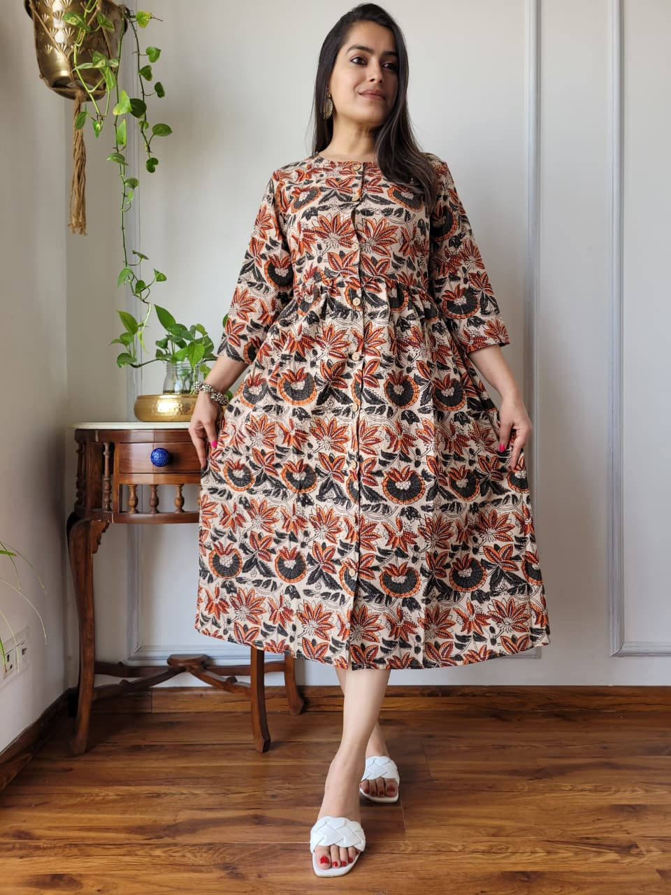 beige and rust orange hand block printed cotton One Piece Dress