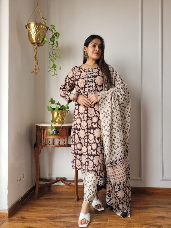 black and beige hand block printed cotton kurta, pants, and dupatta suit set