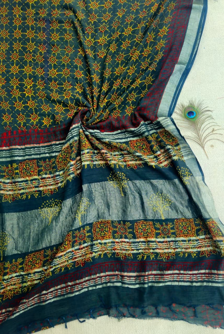 Pure Chanderi Silk Saree With Azrak Print With Blouse